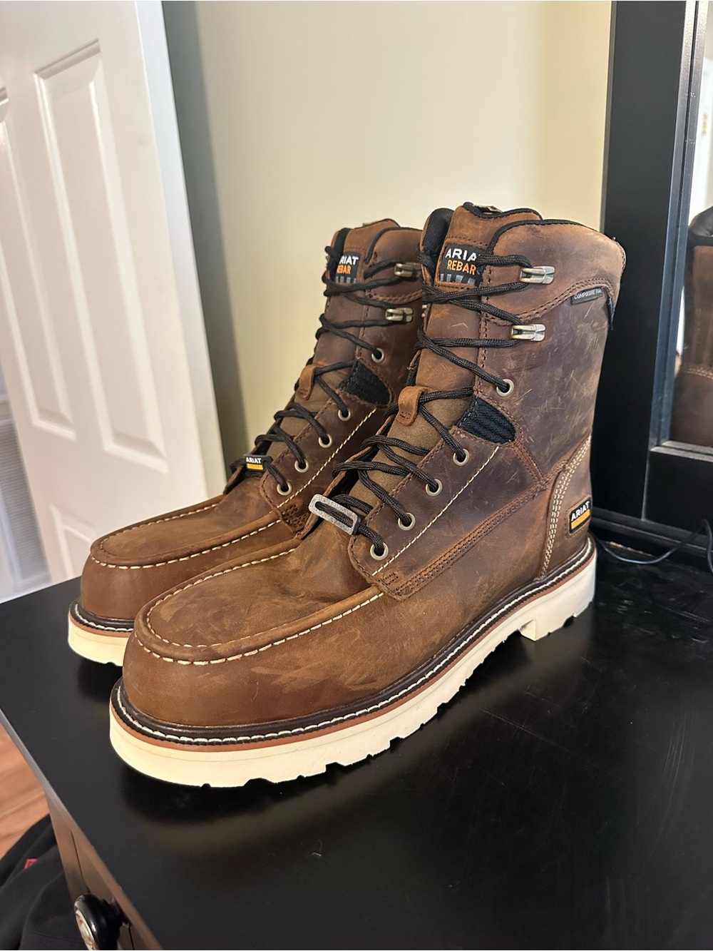 Ariat Brown Leather Moc Toe Work Boots with Cream Outsole